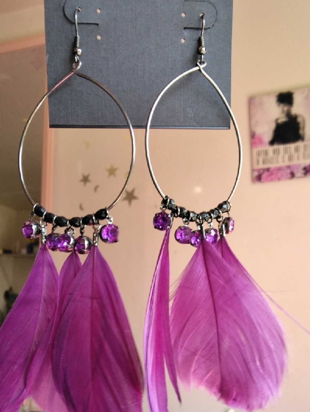 Purple Feather & Rhinestone Hoop Earrings with Crystal Accents